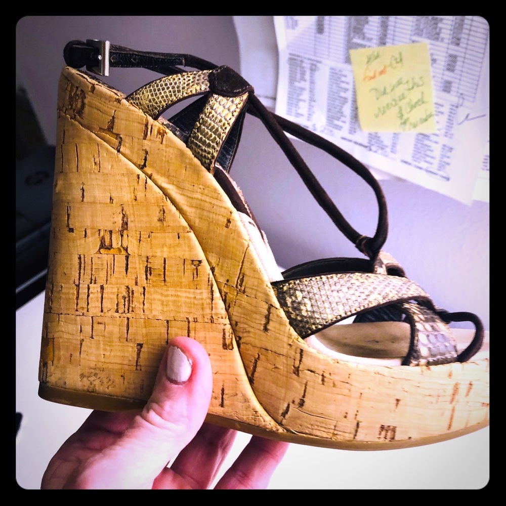 Prada Snakeskin Cork Wedge W/ Suede Ankle Strap.